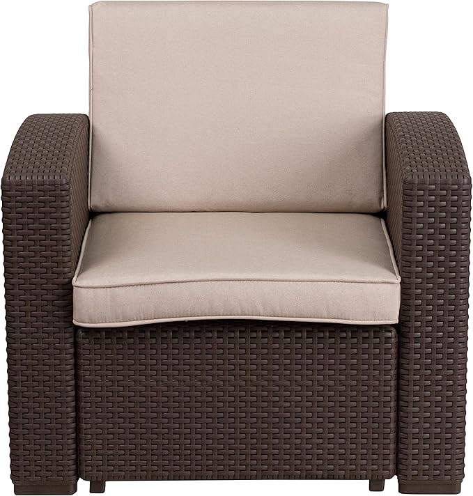 Flash Furniture Seneca Chocolate Brown Faux Rattan Chair with All-Weather Beige Cushion
