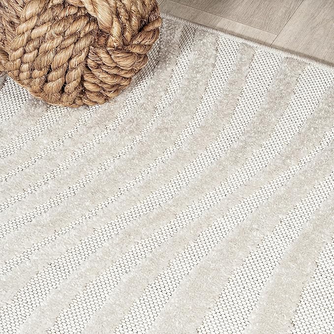JONATHAN Y Maribo High-Low Abstract Striped Cream/Ivory 2x10 Indoor/Outdoor Runner Rug, Pet Friendly, Non-Shedding, Stain Resistant, Easy-Cleaning for Backyard, Patio (SCN103A-210)