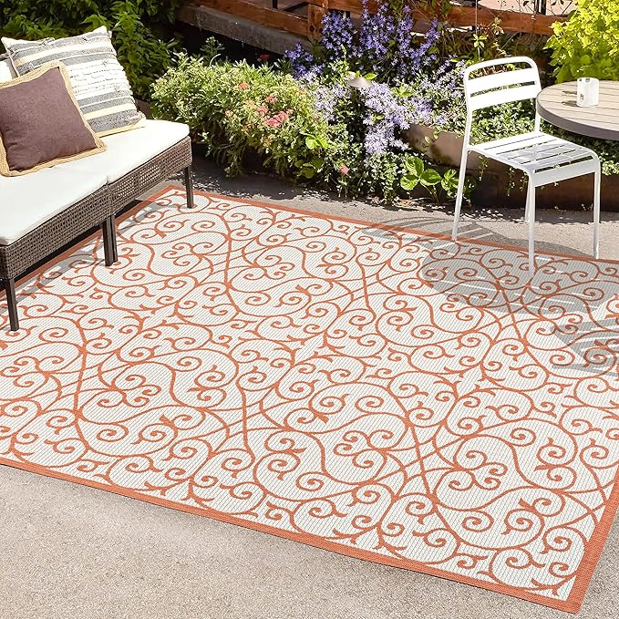 JONATHAN Y Vintage Filigree Indoor Outdoor Area Rug 9X12 Cream/Orange, Madrid Textured Weave for Backyard, Patio, Porch, Easy-Cleaning, High Traffic, Pet-Friendly, Non-Shedding (SMB107L-9)