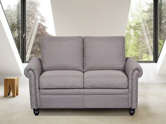 Container Furniture Direct Dove Linen Upholstered Modern Loveseat with Nailhead Trim, Light Brown
