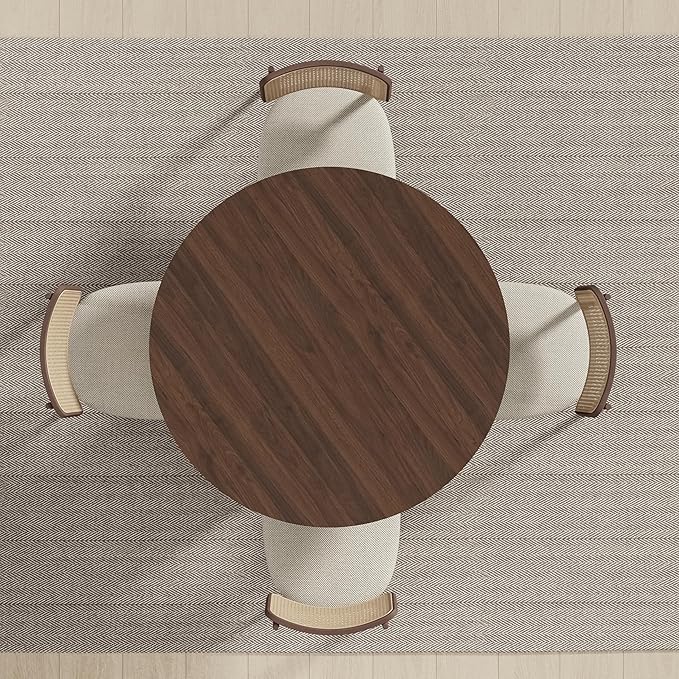 Casaphoria 46 inch Round Dining Table for 4, Walnut Top with Black Cylinder Pedestal Base, Modern Farmhouse Style Kitchen Table