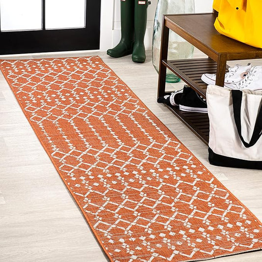JONATHAN Y Moroccan Geometric Indoor Outdoor Runner Rug 2X8 Orange/Cream, Ourika Textured Weave for Backyard, Patio, Porch, Easy-Cleaning, High Traffic, Pet-Friendly, Non-Shedding (SMB108P-28)