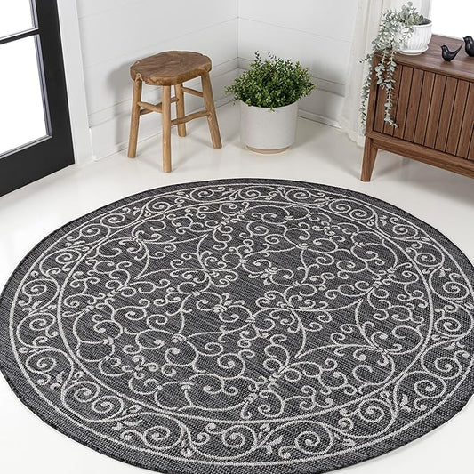 JONATHAN Y Vintage Filigree Indoor Outdoor Round Area Rug 5 Ft Black/Gray, Charleston Textured Weave for Backyard, Patio, Porch, Easy-Cleaning, High Traffic, Pet-Friendly, Non-Shedding (SMB106G-5R)
