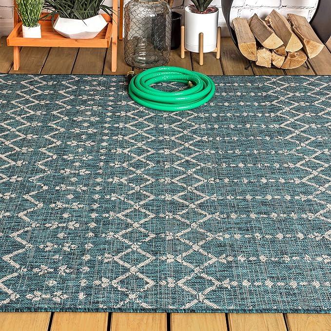 JONATHAN Y Moroccan Geometric Indoor Outdoor Area Rug 5X8 Teal/Gray, Ourika Textured Weave for Backyard, Patio, Porch, Easy-Cleaning, High Traffic, Pet-Friendly, Non-Shedding (SMB108C-5)