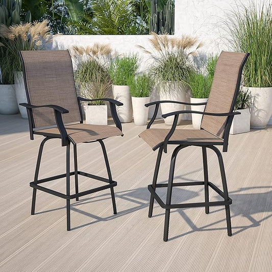 Flash Furniture Valerie Patio Bar Height Stools Set of 2, All-Weather Textilene Swivel Patio Stools with High Back & Armrests in Brown