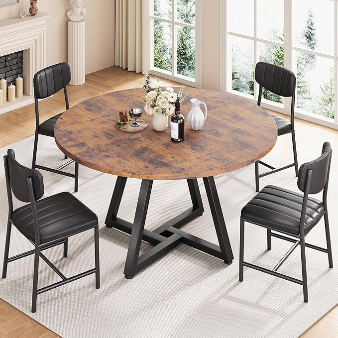 51“ Round Kitchen Dining Room Table for 6-8, Circle Dining Dinner Table with Pedestal Metal Frame, Space Saving Wood Industrial Furniture for Small Space (Rustic Brown)