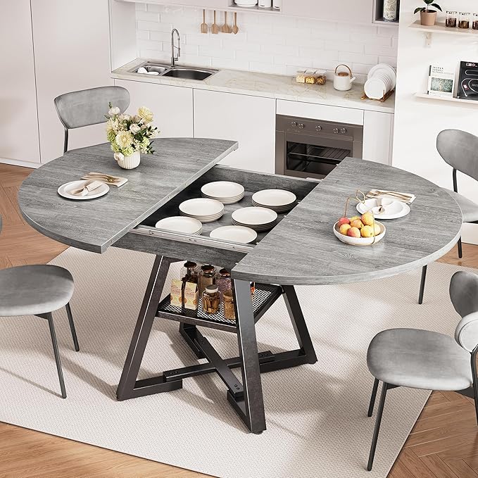 Round Dining Table Kitchen Dining Room Dinner Table for 4-6, Space Saving Extendable Oval Circle Furniture with Pedestal Base and Storage Shelf for Kitchen Living Room (Grey, for 6-8)