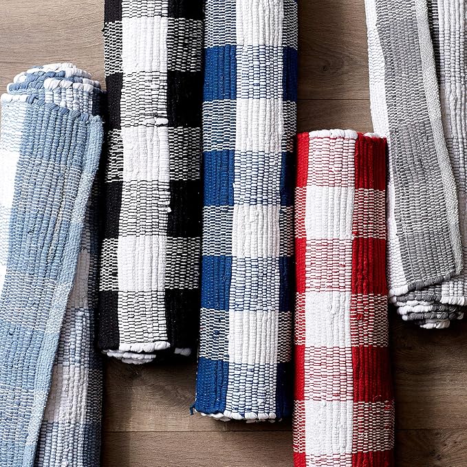 DII Buffalo Check Rug Collection, Hand Dyed Reversible Chindi Rug, Runner 2'3"x6', Black