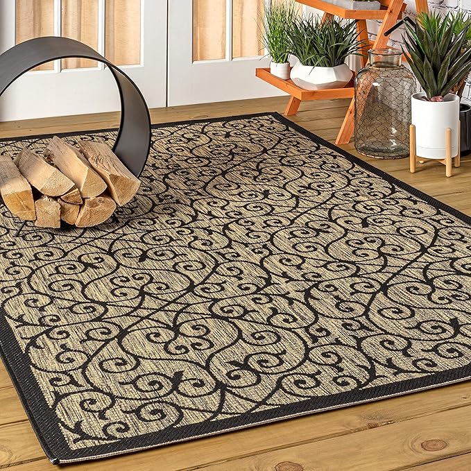JONATHAN Y Vintage Filigree Indoor Outdoor Area Rug 5X8 Black/Khaki, Madrid Textured Weave for Backyard, Patio, Porch, Easy-Cleaning, High Traffic, Pet-Friendly, Non-Shedding (SMB107A-5)