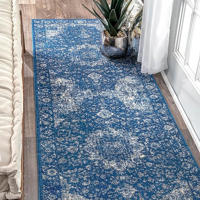 Nuloom Verona Dark Blue/White, 2'6" x 6', Vintage Medallion, Soft and Cozy, High Traffic, Stain Resistant, Easy Clean, Durable Runner for Bedroom, Living Room, Dining Space, Den, Foyer, Entryway