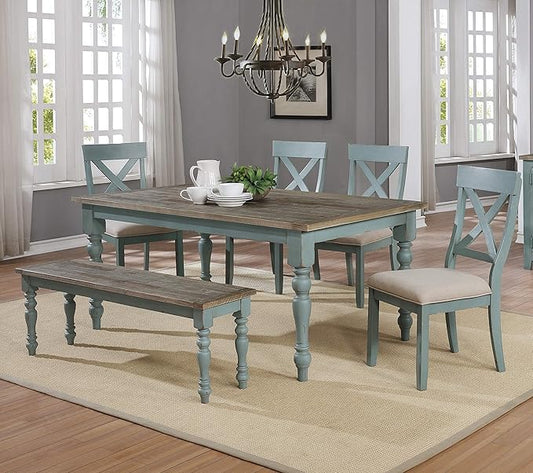 Roundhill Furniture Prato 6-Piece Dining Set, Dining Table with 4 Cross Back Chairs and Bench, Antique Blue and Distressed Walnut Finish