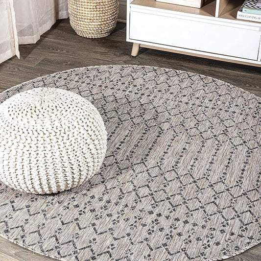 JONATHAN Y Moroccan Geometric Indoor Outdoor Round Area Rug 9 Ft Light Gray/Black, Ourika Textured Weave for Backyard, Patio, Porch, Easy-Cleaning, High Traffic Pet-Friendly, Non-Shedding SMB108E-9R