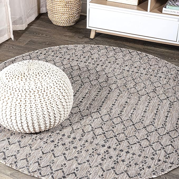 JONATHAN Y Moroccan Geometric Indoor Outdoor Round Area Rug 8 Ft Natural/Black, Ourika Textured Weave for Backyard, Patio, Porch, Easy-Cleaning, High Traffic Pet-Friendly, Non-Shedding SMB108D-8R
