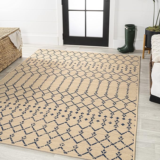 JONATHAN Y Moroccan Geometric Indoor Outdoor Area Rug 3X5 Beige/Navy, Ourika Textured Weave for Backyard, Patio, Porch, Easy-Cleaning, High Traffic, Pet-Friendly, Non-Shedding (SMB108H-3)