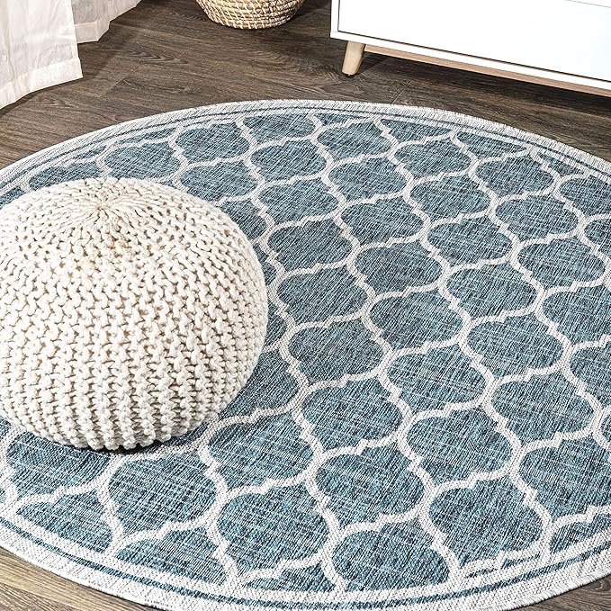 JONATHAN Y Moroccan Trellis Indoor Outdoor Round Area Rug 9 Ft Teal/Gray, Trebol Textured Weave for Backyard, Patio, Porch, Easy-Cleaning, High Traffic, Pet-Friendly, Non-Shedding (SMB109E-9R)
