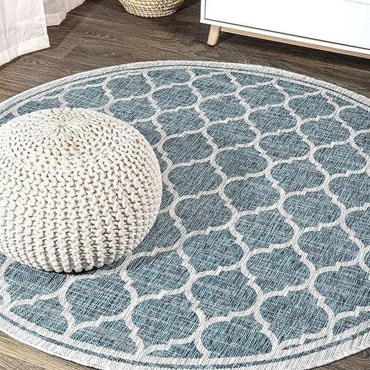 JONATHAN Y Moroccan Trellis Indoor Outdoor Round Area Rug 9 Ft Teal/Gray, Trebol Textured Weave for Backyard, Patio, Porch, Easy-Cleaning, High Traffic, Pet-Friendly, Non-Shedding (SMB109E-9R)