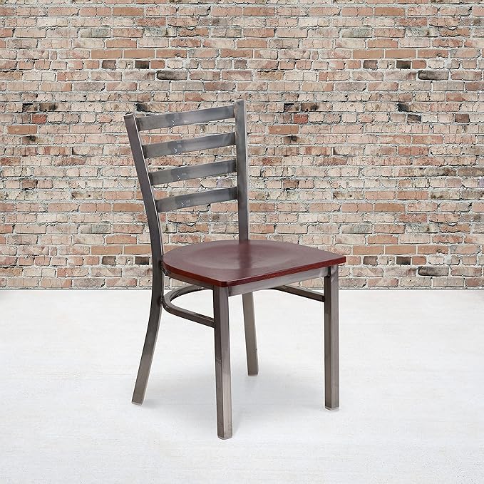 Flash Furniture HERCULES Series Clear Coated Ladder Back Metal Restaurant Chair - Mahogany Wood Seat