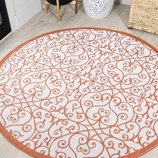 JONATHAN Y Vintage Filigree Indoor Outdoor Round Area Rug 5 Ft Cream/Orange, Madrid Textured Weave for Backyard, Patio, Porch, Easy-Cleaning, High Traffic, Pet-Friendly, Non-Shedding (SMB107L-5R)