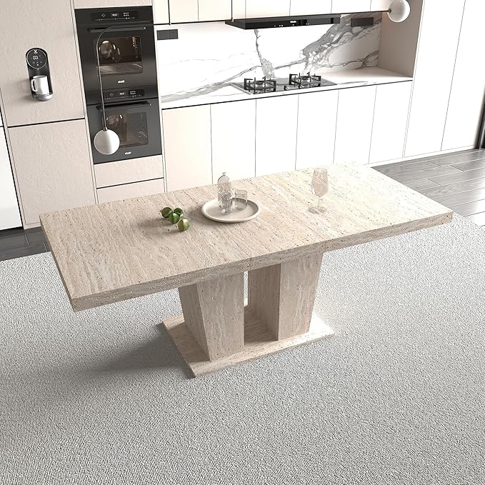 KEIKI 63"-79" Extendable Rectangular Dining Table for 6-10, Aged Wood Farmhouse Kitchen Table with Veined Travertine Pattern and Thick Top, Large Dining Room Table, Beige