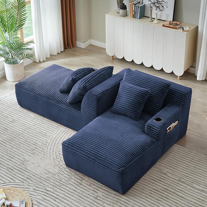 Eafurn Oversized Double Chaise Lounge Indoor with Cup Holders & Side Pocket, 71" Plush Corduroy Boneless Chaise Lounge Sofa with High Density Sponge & Deep High Seat Comfy Sleeper Couch Bed | Breathable material, No Assembly, 52" Deep Seat, 19.7" High ...