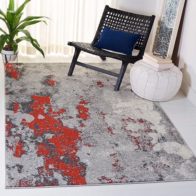 SAFAVIEH Adirondack Collection Area Rug - 4' Square, Orange & Grey, Modern Abstract Design, Non-Shedding & Easy Care, Ideal for High Traffic Areas in Living Room, Bedroom (ADR134P)