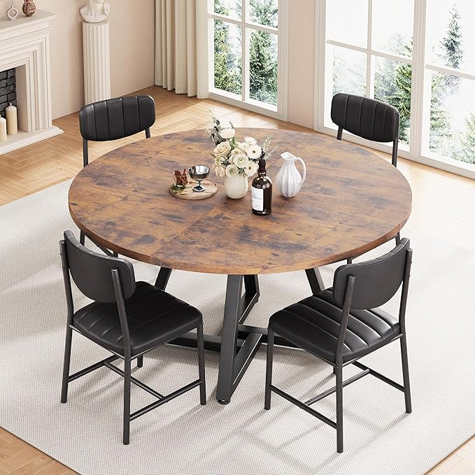 51“ Round Kitchen Dining Room Table for 6-8, Circle Dining Dinner Table with Pedestal Metal Frame, Space Saving Wood Industrial Furniture for Small Space (Rustic Brown)