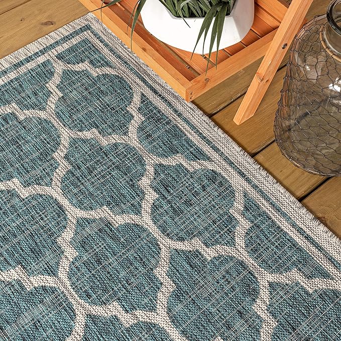 JONATHAN Y Moroccan Trellis Indoor Outdoor Square Area Rug 6X6 Teal/Gray, Trebol Textured Weave for Backyard, Patio, Porch, Easy-Cleaning, High Traffic, Pet-Friendly, Non-Shedding (SMB109E-6SQ)