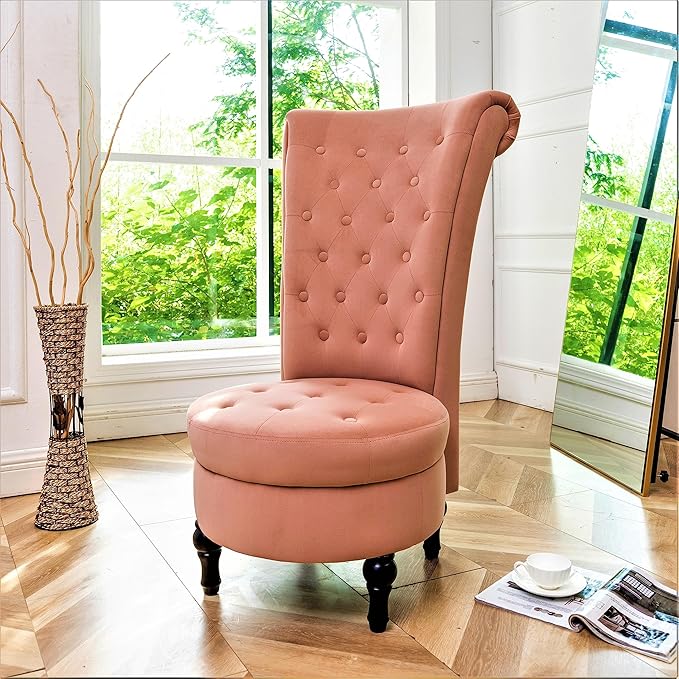 Royal High-Back Velvet Accent Chair for Vanity with Storage and Luxurious Upholstery, Retro Design and Versatile Usage for Living Room, Bedroom, Lounge and Office, Rose