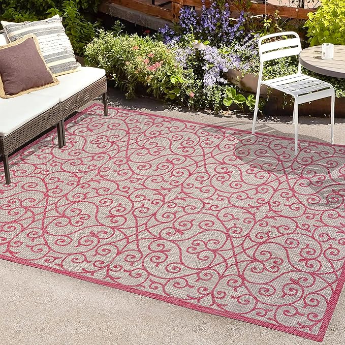 JONATHAN Y Vintage Filigree Indoor Outdoor Area Rug 3X5 Light Gray/Fuchsia, Madrid Textured Weave for Backyard, Patio, Porch, Easy-Cleaning, High Traffic, Pet-Friendly, Non-Shedding (SMB107I-3)