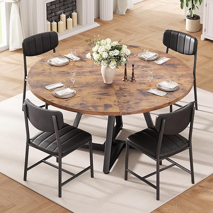 51“ Round Kitchen Dining Room Table for 6-8, Circle Dining Dinner Table with Pedestal Metal Frame, Space Saving Wood Industrial Furniture for Small Space (Rustic Brown)