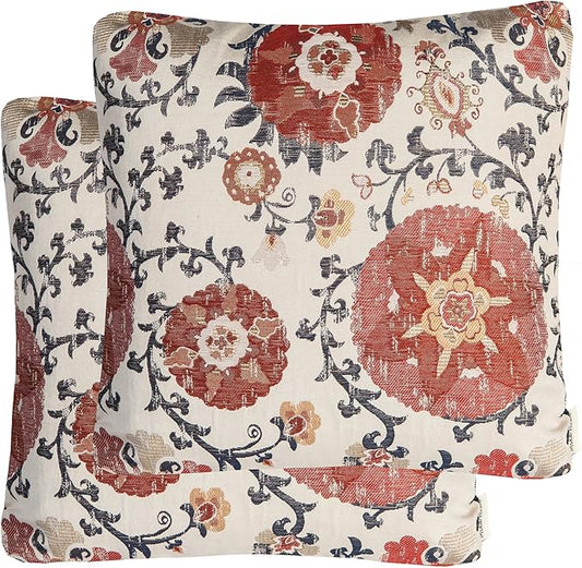 Mika Home Pack of 2 Jacquard Circle Floral Throw Pillow Shell Vintage Cushion Cover for 20X20 Inserts Cream Red