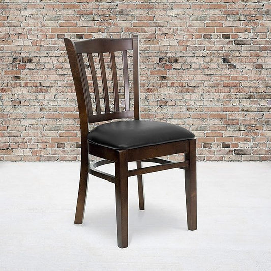 Flash Furniture 2 Pack HERCULES Series Vertical Slat Back Walnut Wood Restaurant Chair - Black Vinyl Seat