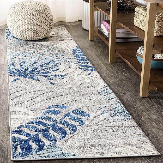 JONATHAN Y Tropics Palm Leaves Indoor Outdoor Runner Rug 2X8 Gray/Blue, Boho for Backyard, Patio, Porch, Easy-Cleaning, High Traffic, Pet-Friendly, Non-Shedding (AMC100A-28)