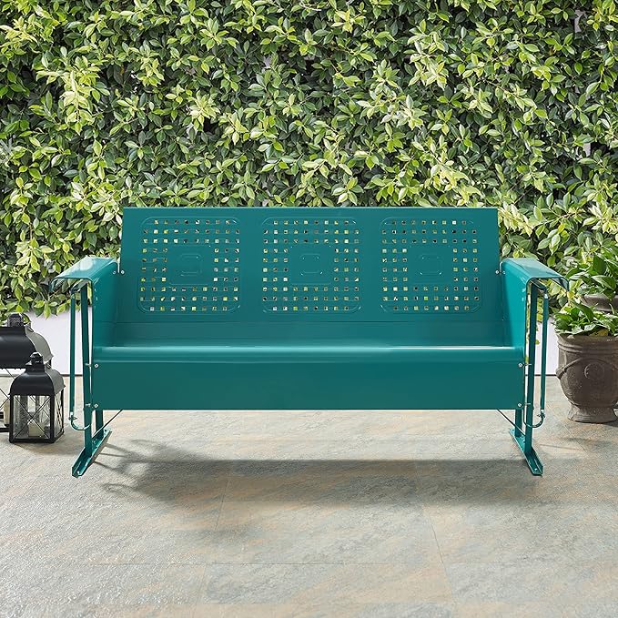 Crosley Furniture Bates Retro Metal Outdoor Sofa Glider, 3-Person Rocking Patio Bench for Porch, Deck, Turquoise Gloss