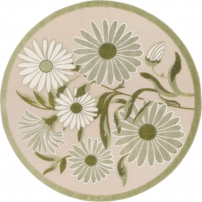 Nourison Home Aloha Ivory Green 5'3" x Round Area Rug - Easy Clean, Non Shedding, Bed Room, Living Room, Dining Room, Kitchen (5' x Round)