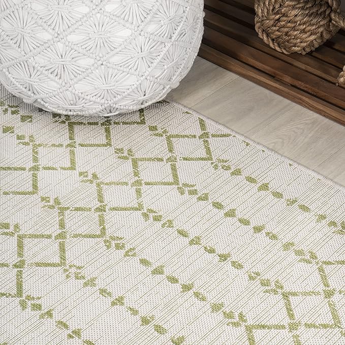 JONATHAN Y Moroccan Geometric Indoor Outdoor Round Area Rug 5 Ft Cream/Green, Ourika Textured Weave for Backyard, Patio, Porch, Easy-Cleaning, High Traffic, Pet-Friendly, Non-Shedding (SMB108M-5R)
