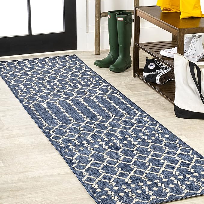 JONATHAN Y Moroccan Geometric Indoor Outdoor Runner Rug 2X10 Navy/Beige, Ourika Textured Weave for Backyard, Patio, Porch, Easy-Cleaning, High Traffic, Pet-Friendly, Non-Shedding (SMB108K-210)
