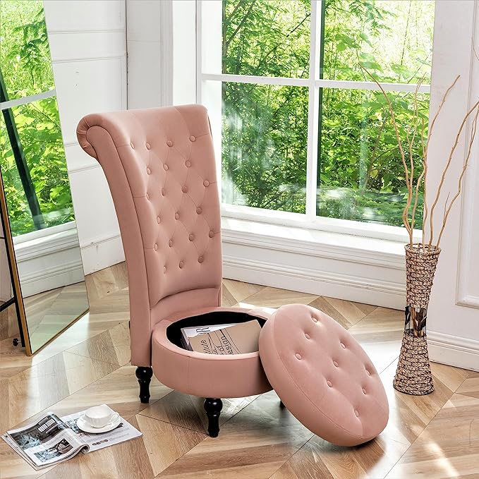 Royal High-Back Velvet Accent Chair for Vanity with Storage and Luxurious Upholstery, Retro Design and Versatile Usage for Living Room, Bedroom, Lounge and Office, Rose
