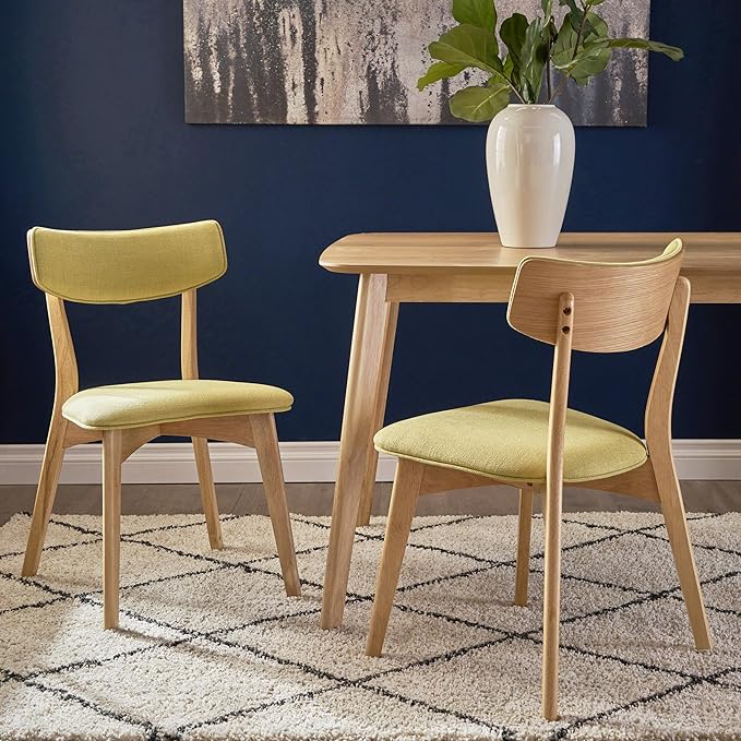 Christopher Knight Home Abrielle Mid-Century Modern Fabric Dining Chairs with Natural Oak Finished Rubberwood Frame, 2-Pcs Set, Green Tea / Natural Oak