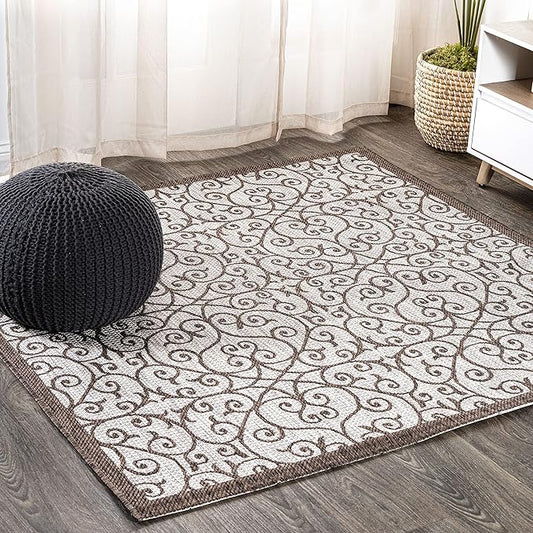 JONATHAN Y Vintage Filigree Indoor Outdoor Square Area Rug 5X5 Taupe/Espresso, Madrid Textured Weave for Backyard, Patio, Porch, Easy-Cleaning, High Traffic, Pet-Friendly, Non-Shedding (SMB107C-5SQ)