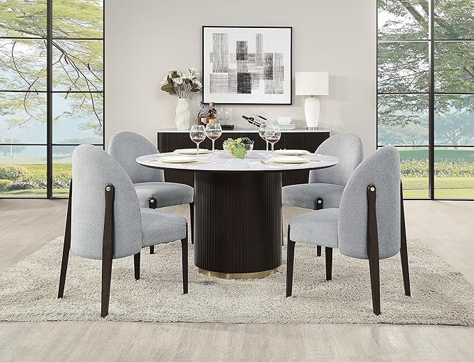 Acme Clayten Wood & Artificial Marble Round Dining Table in White & Espresso