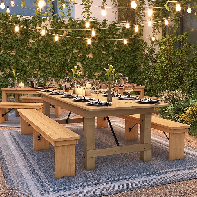Flash Furniture Hercules Commercial Grade Farmhouse Dining Table | Solid Pine Foldable Table for 10 in Antique Rustic Light Natural | Rustic Charm for Home and Events