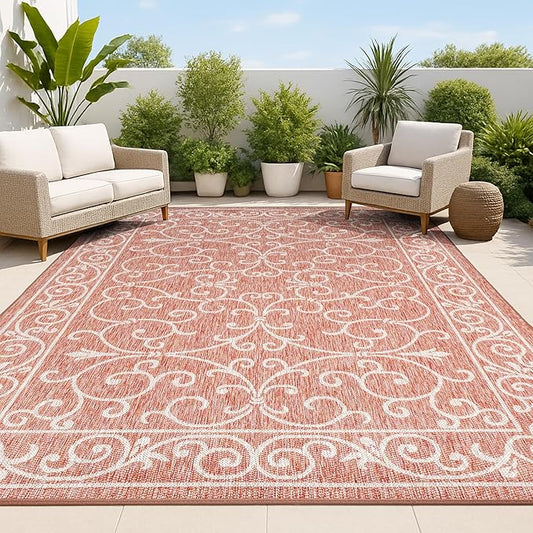 JONATHAN Y Vintage Filigree Indoor Outdoor Area Rug 3X5 Red/Beige, Charleston Textured Weave for Backyard, Patio, Porch, Easy-Cleaning, High Traffic, Pet-Friendly, Non-Shedding (SMB106B-3)