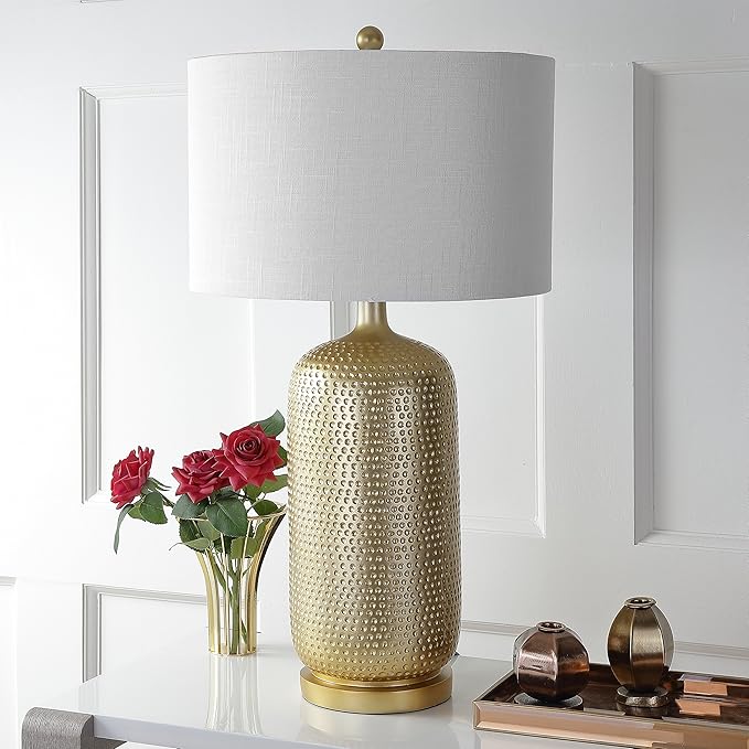 JONATHAN Y 30" Gold Modern Resin Table Lamp, Glam Contemporary Bedside Lamp with White Linen Drum Shade for Living Room Bedroom Nightstand, UL Listed, LED Bulb Included JYL1017A