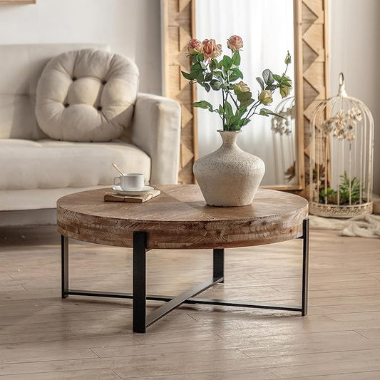 Lasadelgar Wood Round Coffee Table, 31 Inch Farmhouse Rustic Fir Wooden Table Top Cross Metal Legs Circle Coffee Table for Living Room, Black
