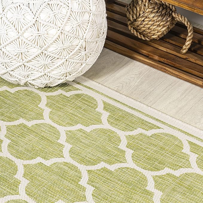 JONATHAN Y Moroccan Trellis Indoor Outdoor Square Area Rug 5X5 Green/Cream, Trebol Textured Weave for Backyard, Patio, Porch, Easy-Cleaning, High Traffic, Pet-Friendly, Non-Shedding (SMB109G-5SQ)