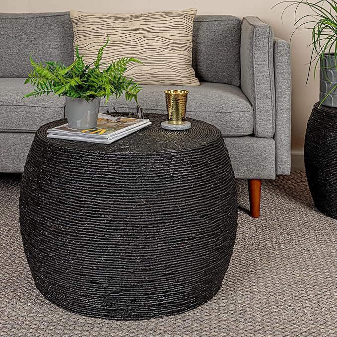 Creative Co-Op Round Handwoven Corn Rope Barrel Coffee Table, Black