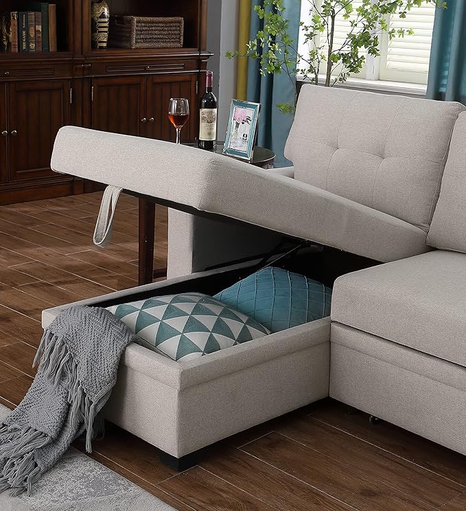 ACQCA 82" L-Shape Sleeper Sectional Sofa with Storage Chaise and Pull-Out Bed,Convertible Sofa Bed Sectional Couch for Living Room,Apartment,Office,Beige