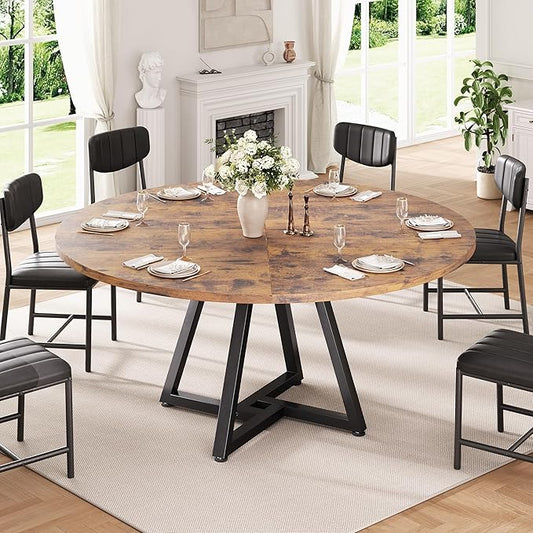 51“ Round Kitchen Dining Room Table for 6-8, Circle Dining Dinner Table with Pedestal Metal Frame, Space Saving Wood Industrial Furniture for Small Space (Rustic Brown)