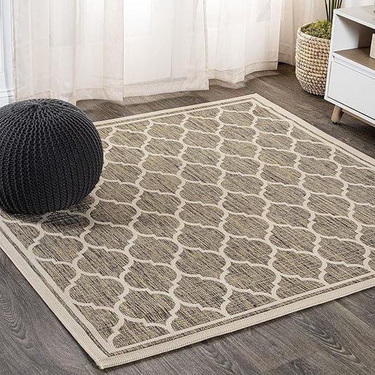 JONATHAN Y Moroccan Trellis Indoor Outdoor Square Area Rug 8X8 Brown/Beige, Trebol Textured Weave for Backyard, Patio, Porch, Easy-Cleaning, High Traffic, Pet-Friendly, Non-Shedding (SMB109A-8SQ)